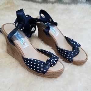 Navy Polka Dot Lace Up Espadrille Wedges